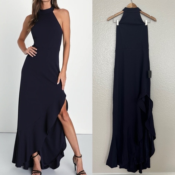 NWOT Majestic Perfection Navy Blue Ruffled Halter Maxi Dress - Picture 1 of 10